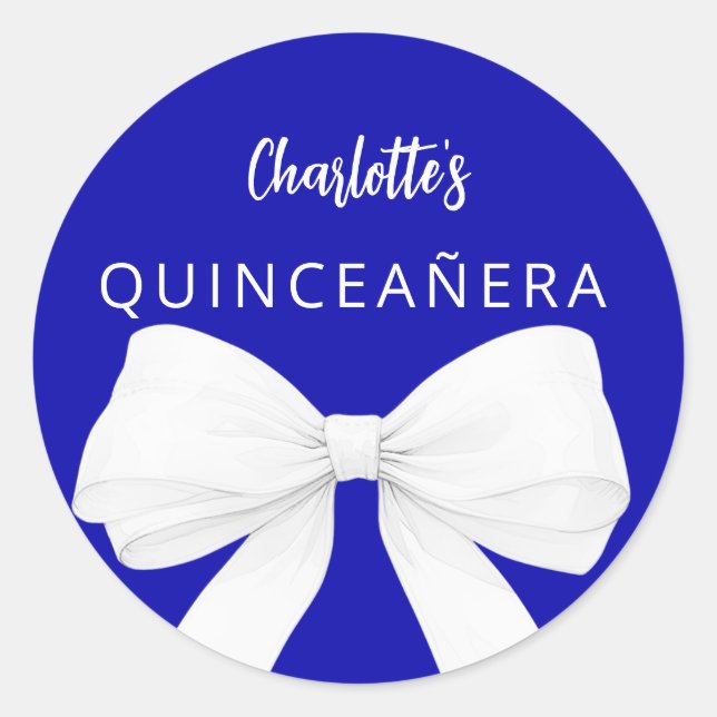 Bow royal blue white Quinceanera Classic Round Sticker (Front)