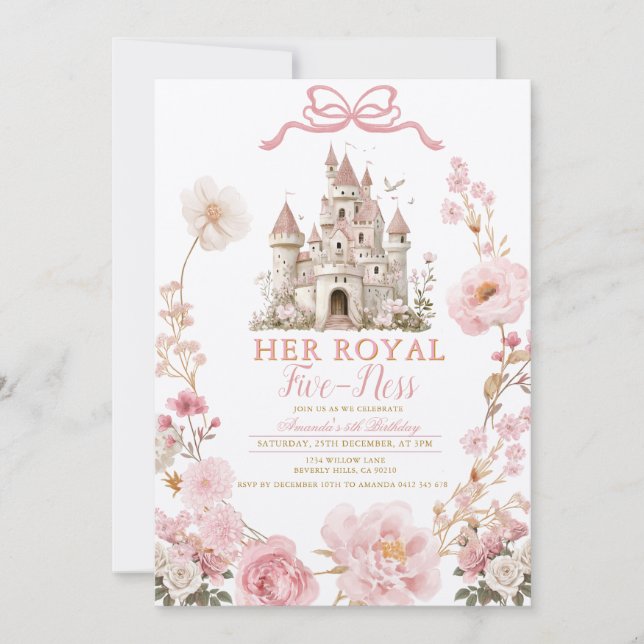 Bow Royal five-ness Birthday Castle Pink Ribbon Invitation (Front)