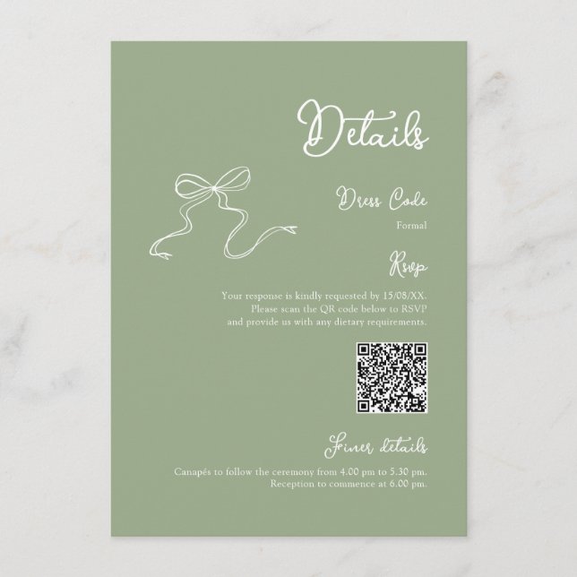 Bow Sage Green Details Qr code RSVP Enclosure Card (Front)