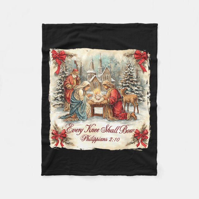 Bow Santa Christmas Nativity Scene Every Knee Shal Fleece Blanket (Front)