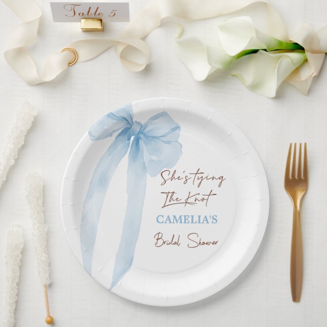 Bow She's Tying The Knot Blue Bridal Shower Paper Plate (Wedding)