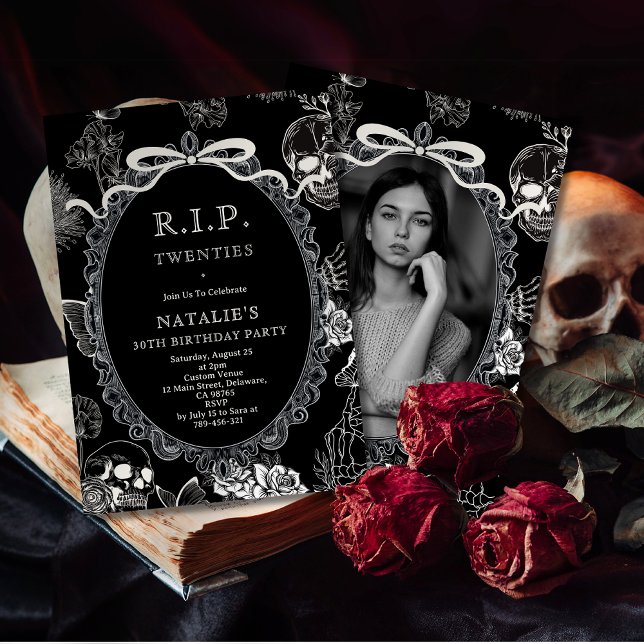 Bow Skull RIP 20s 30th Birthday Party Youth Photo Invitation (Bow Skull RIP 20s 30th Birthday Party Youth Photo Invitation)