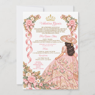 Bow Soft Pink Charra Girl Quinceañera Floral Gold  Invitation