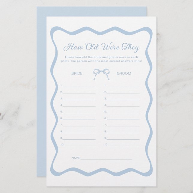 Bow Something Blue Bridal Shower Age Guessing Game (Front/Back)