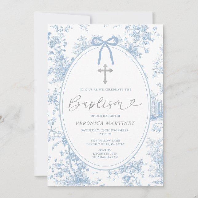 Bow Something Blue Vintage Baptism Silver Glitter Invitation (Front)