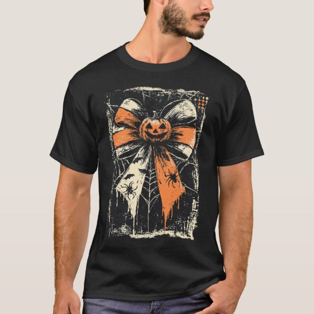 Bow Spooky Pumpkin Spider Bat Happy Halloween T-Shirt (Front)