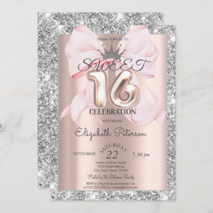 Bow,Tiara,Rose Gold Silver Glitter Sweet 16 Invitation