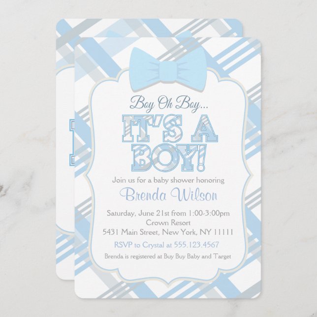 Bow-Tie and Blue Plaid Baby Shower Invitation (Front/Back)