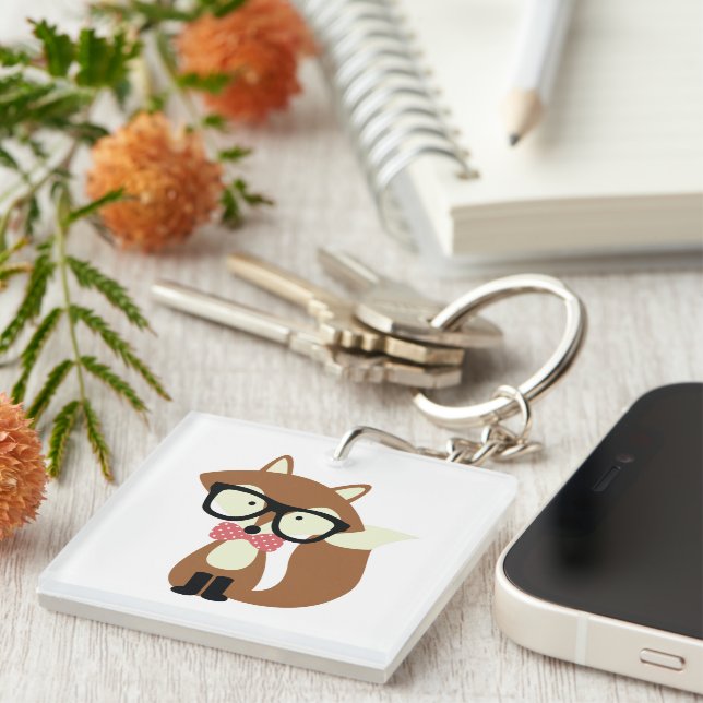 Bow Tie and Glasses Hipster Brown Fox Key Ring (Front Right)
