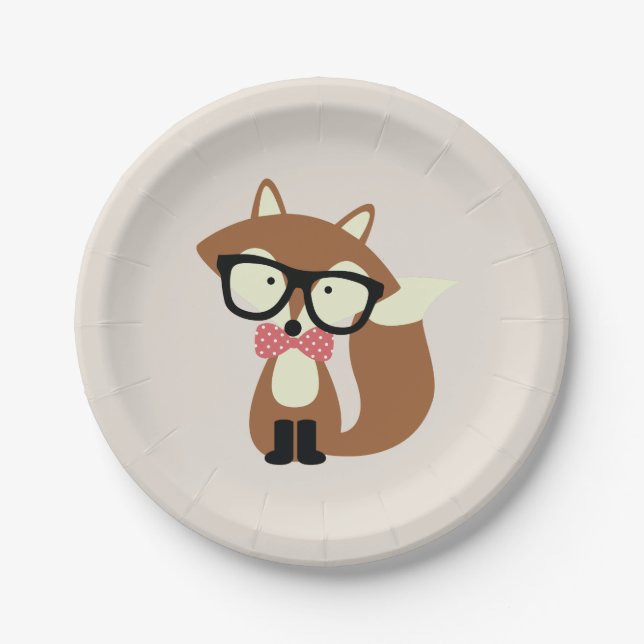 Bow Tie and Glasses Hipster Brown Fox Paper Plate (Front)