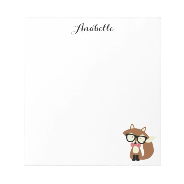 Bow Tie and Glasses Hipster Brown Fox Personalised Notepad (Front)