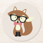Bow Tie and Glasses Hipster Brown Fox Round Paper Coaster<br><div class="desc">Adorable vector illustration of a cute little brown fox wearing an oversized pair of glasses and red and white polka dot pattern bow tie.</div>