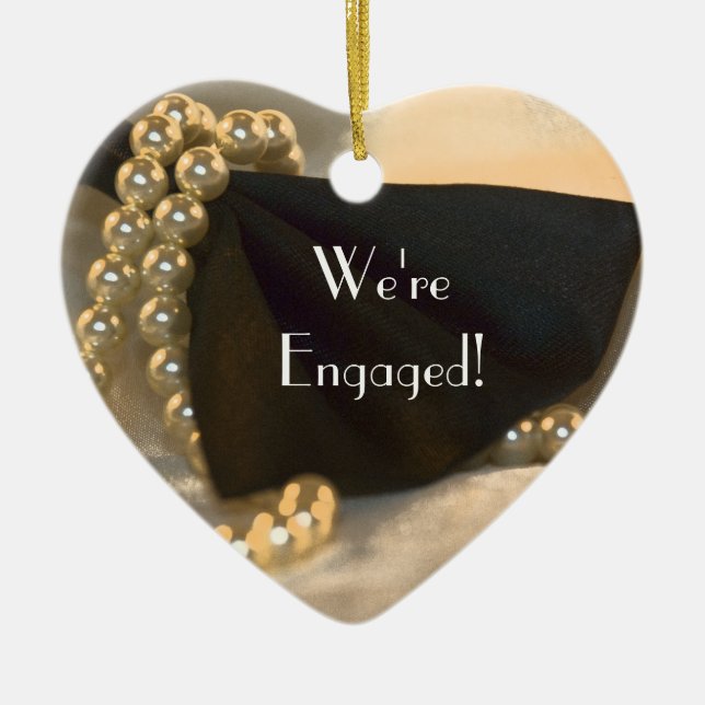 Bow Tie and White Pearls Engagement Ceramic Tree Decoration (Front)