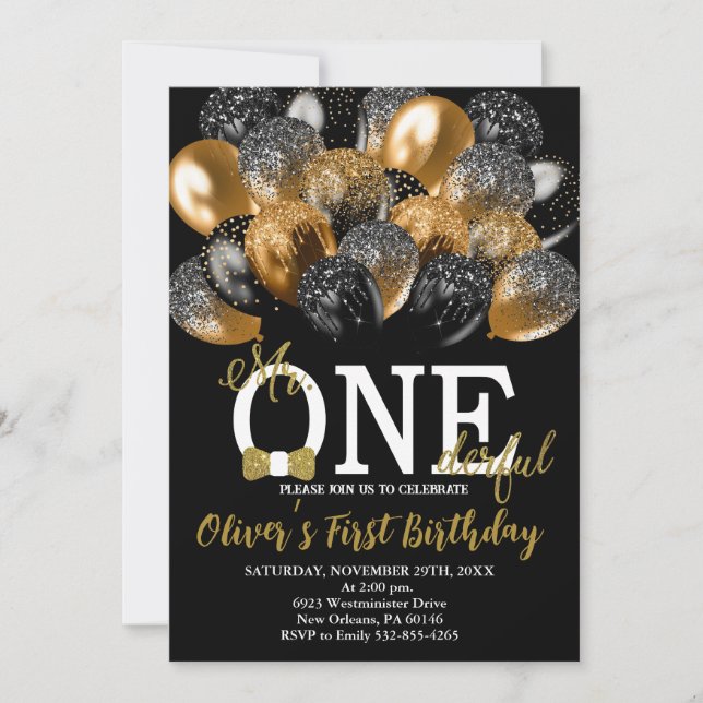 Bow Tie, Balloons 1st Bday, Mr Onederful Birthday Invitation (Front)
