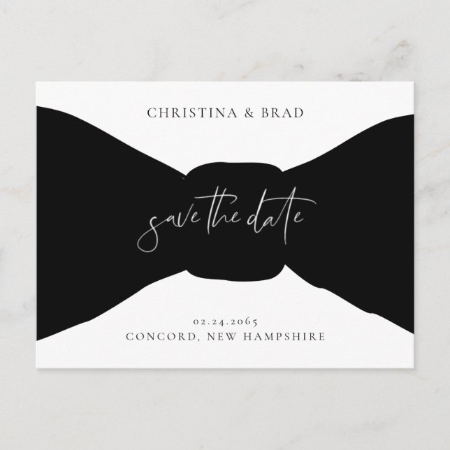 Bow Tie Black and White Save the Date Announcement Postcard (Front)
