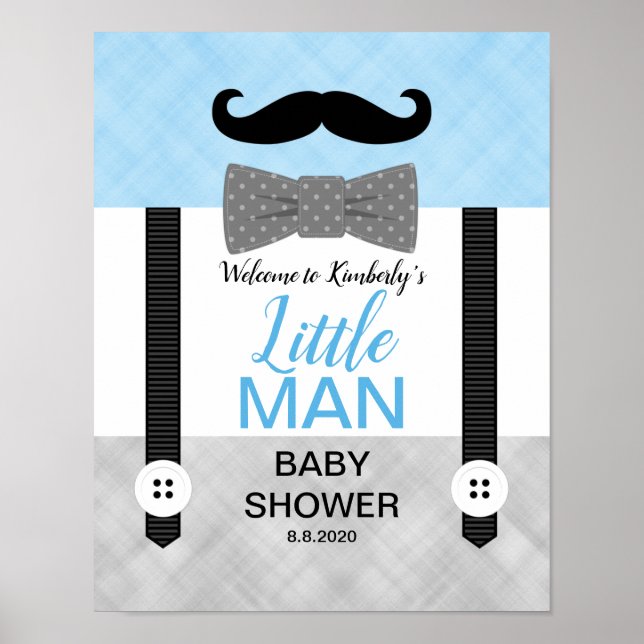 Bow tie blue gray baby boy shower welcome sign (Front)