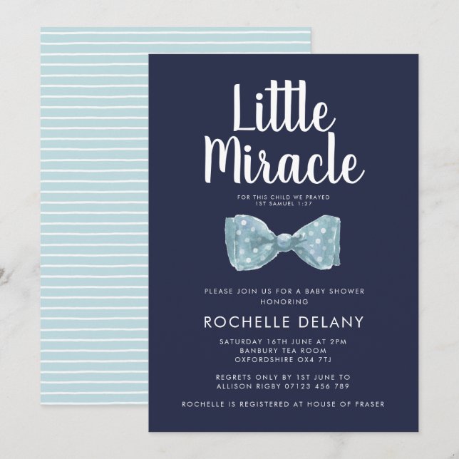Bow tie Blue Little Miracle Baby Shower Invitation (Front/Back)