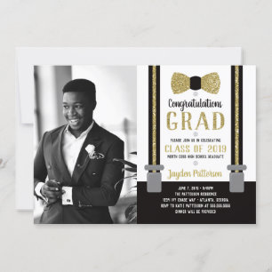 Bow Tie Graduation Party Invitation, Black, Gold Invitation