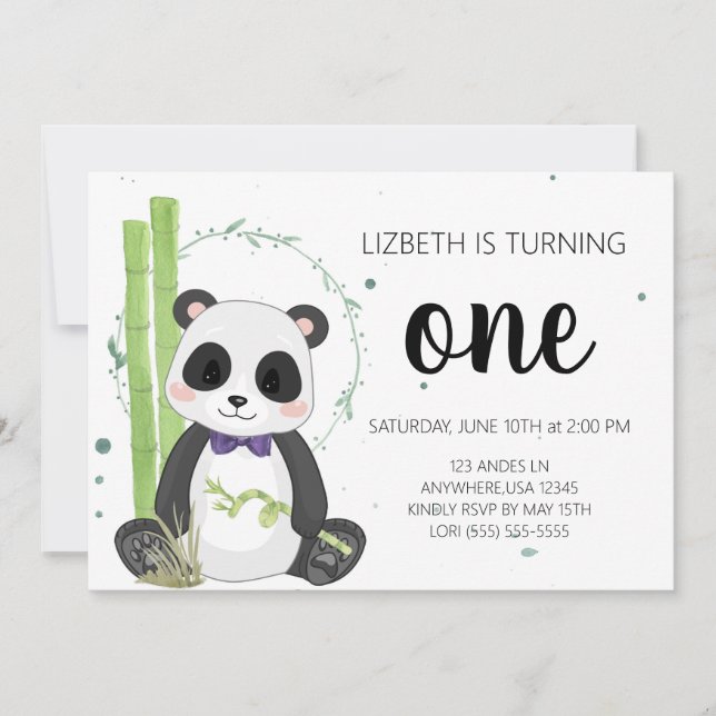 Bow tie Panda Birthday Invitations - Boy (Front)