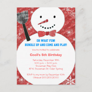 Bow tie Snowman Kids Winter Birthday Party Invitation Postcard