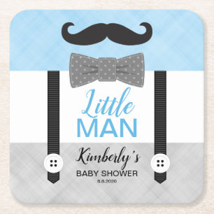 Bow Tie suspenders blue gray boy baby shower Square Paper Coaster