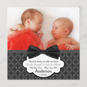 Bow Tie Twin Baby Boy Photo Birth Announcement