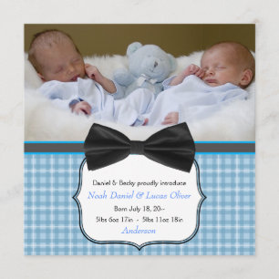 Bow Tie Twin Baby Boy Photo Birth Announcement