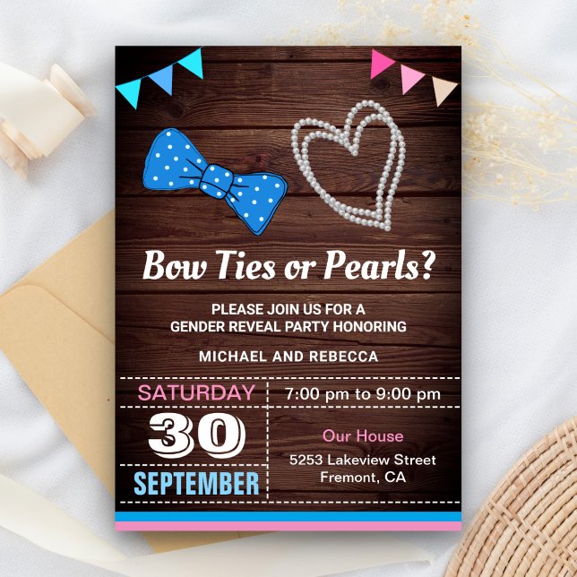 Bow Ties or Pearls Gender Reveal Party Invitation (Creator Uploaded)