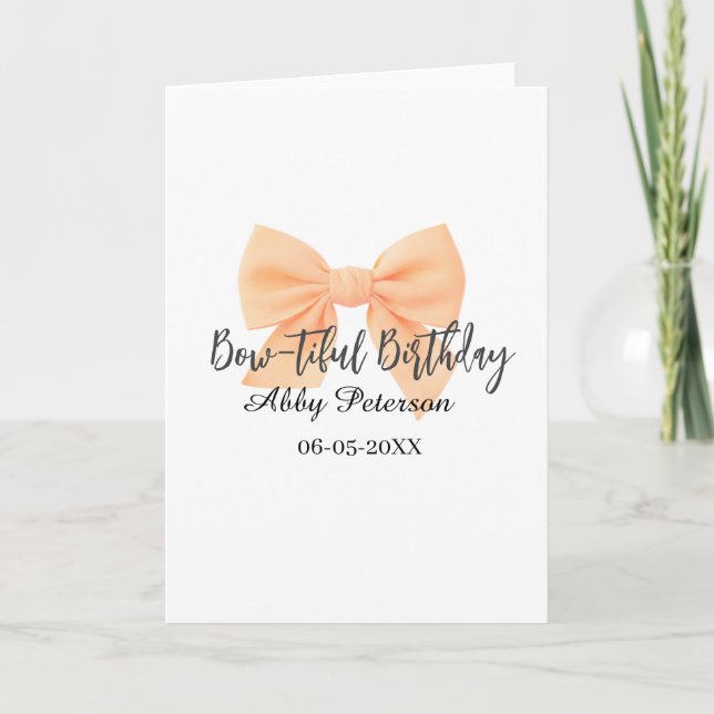 Bow-tiful birthday orange bow name date simple pas card (Front)