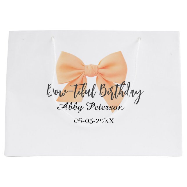 Bow-tiful birthday orange bow name date simple pas large gift bag (Front)