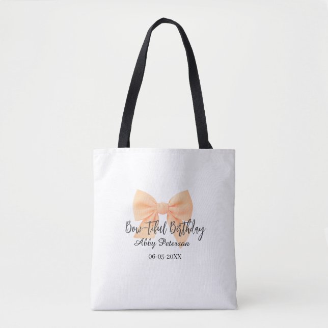 Bow-tiful birthday orange bow name date simple pas tote bag (Front)