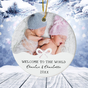 Bow Twins Custom Photo Baby Announcement Christmas Ceramic Ornament