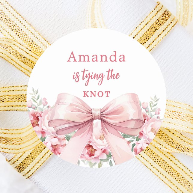 Bow tying the knot pink florals Bridal Shower Classic Round Sticker (Creator Uploaded)
