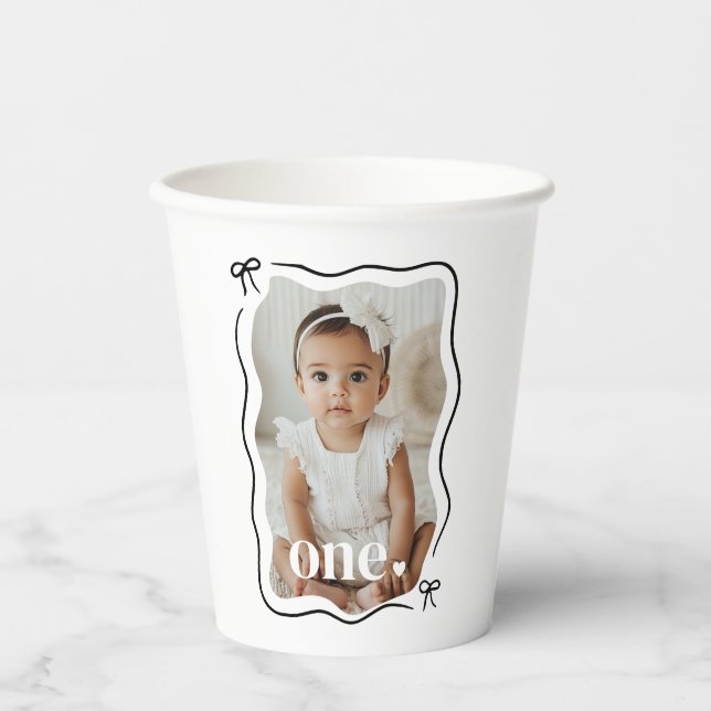 Bow Wavy Border Photo 1st Birthday Paper Cups (Front)