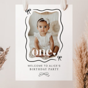 Bow Wavy Border Photo 1st Birthday Welcome Sign