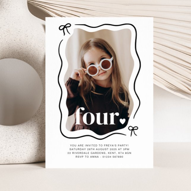 Bow Wavy Border Photo 4th Birthday Invitation (Creator Uploaded)