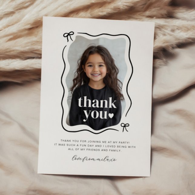 Bow Wavy Border Photo Birthday Thank You Card (Creator Uploaded)
