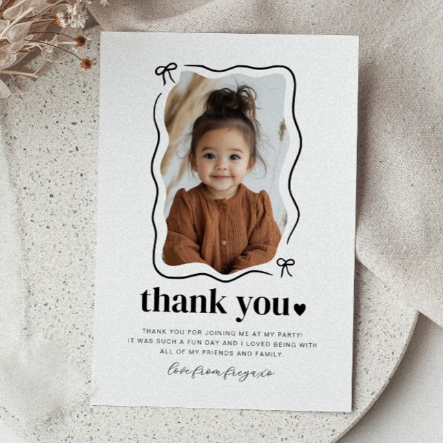 Bow Wavy Border Photo Birthday Thank You Card (Creator Uploaded)