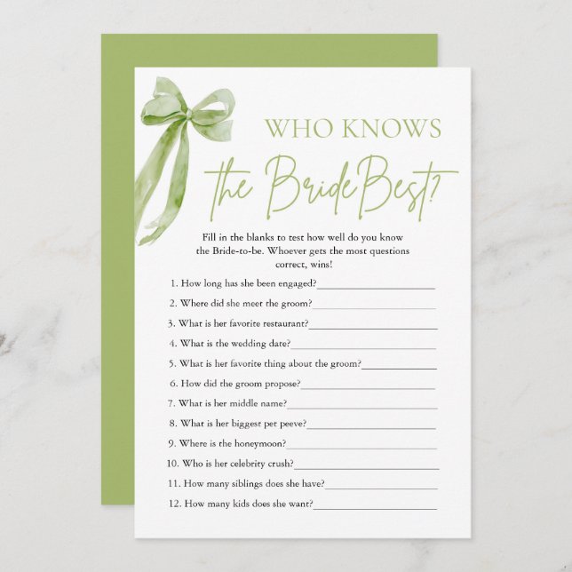 Bow Who Knows The Bride Best Bridal Shower Game Invitation (Front/Back)
