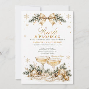 Bow Winter Gold Pearls & Prosecco Bridal Shower Invitation