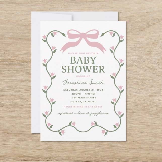 Bow with Flower Vine Baby Shower Invitation (Creator Uploaded)