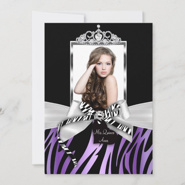 Bow & Zebra Print Purple Black Photo Quinceanera Invitation (Front)