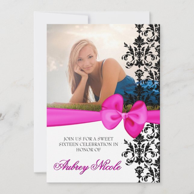 Bowed Damask Accented 5 x 7 Invite [Pink] (Front)