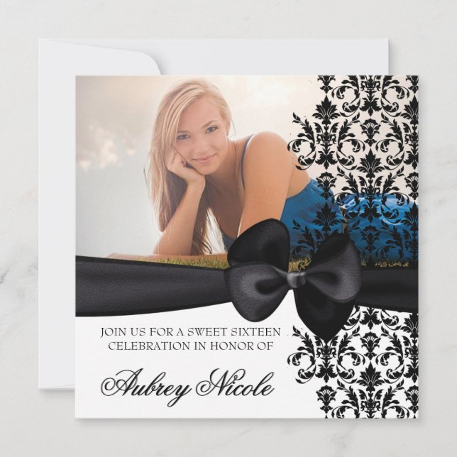 Bowed Damask Accented Invite [Black] (Front)