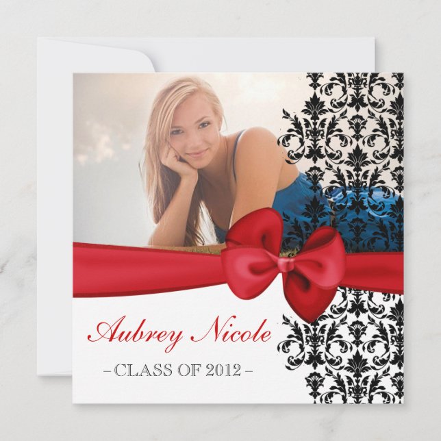Bowed Floral Damask Graduation Invite [Red] (Front)