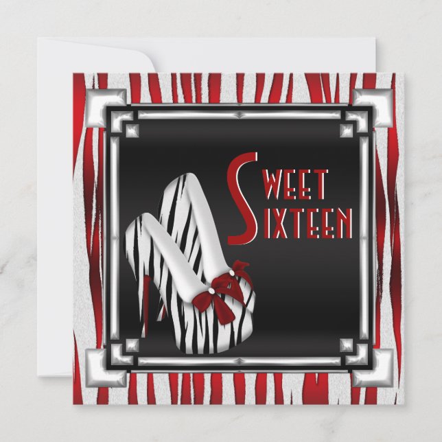 Bowed Zebra Stiletto Heel Red Black White Sweet 16 Invitation (Front)