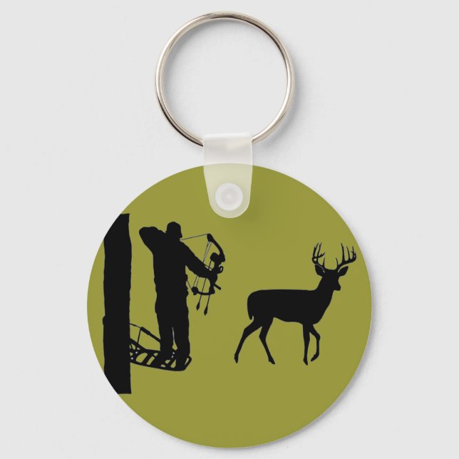 Bowhunter in Treestand Shooting Deer Key Ring (Front)