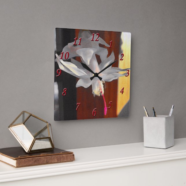 Bowing White Christmas Cactus Flower She Shed Square Wall Clock (Office)