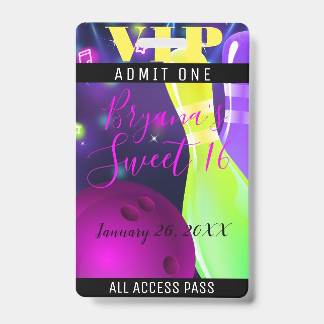 Bowl Glow Bowling Birthday Party Light VIP Pass ID Badge (Front)