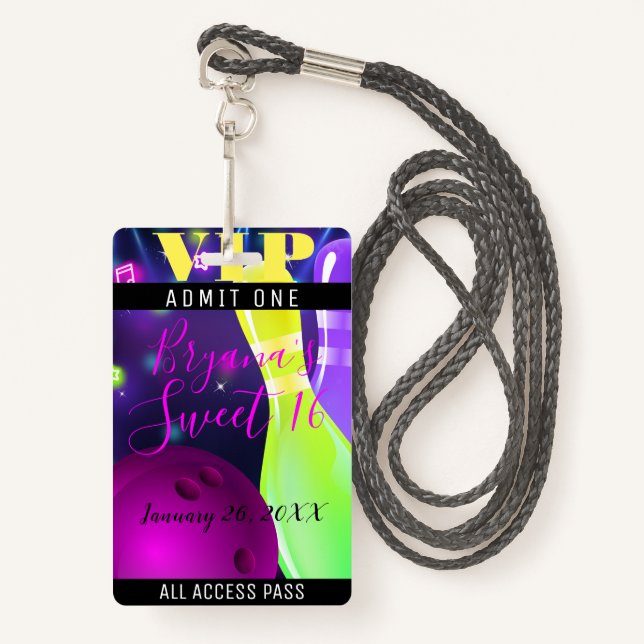 Bowl Glow Bowling Birthday Party Light VIP Pass ID Badge (Front with Lanyard)